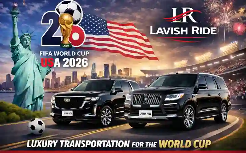 AI image of two 1st Class black SUVs with Lavish Ride in the plate number, symbolizing Lavish Ride FIFA World Cup 2026 Black Car Service.